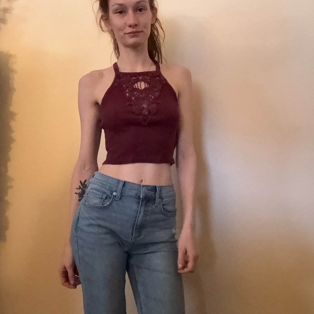 Kendall & Kylie Burgundy Crochet Halter Crop Top
